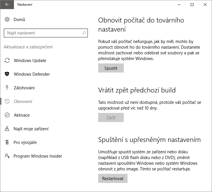 Jak se vrátit z Windows 10 k původní verzi Windows po uplynutí 30-ti denní lhůty
