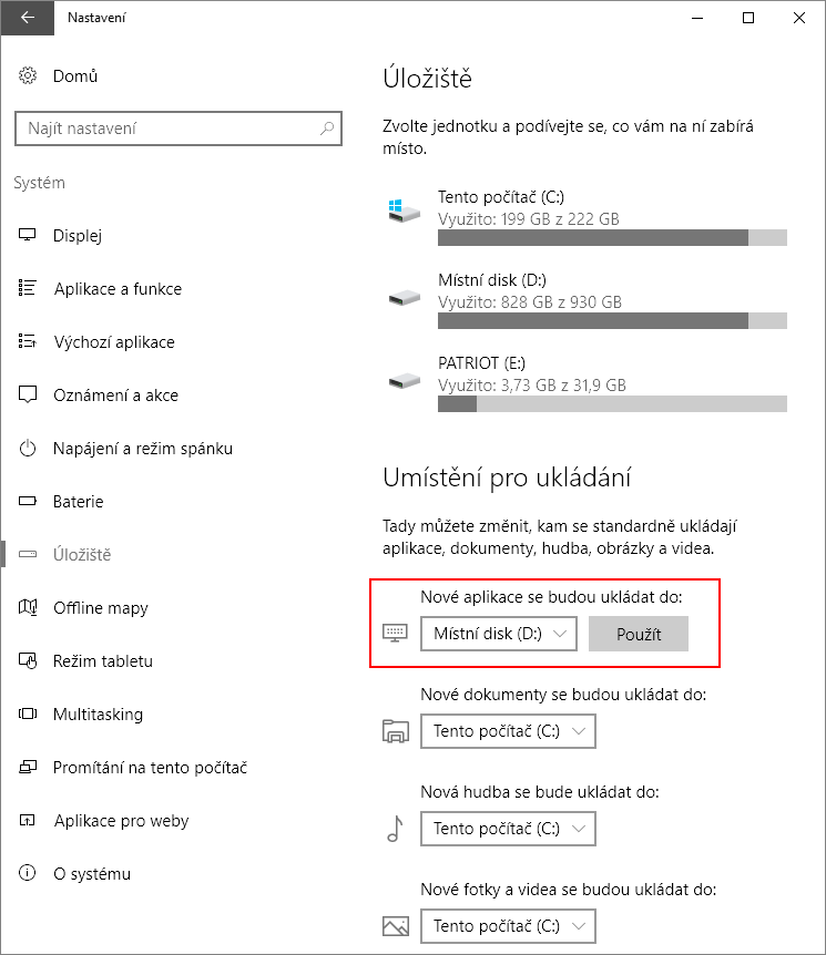 Jak přesunout aplikaci z Windows Storu na jinou jednotku