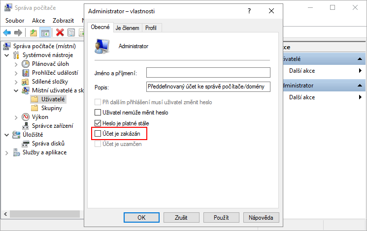 Jak zapnout účet administrátora?