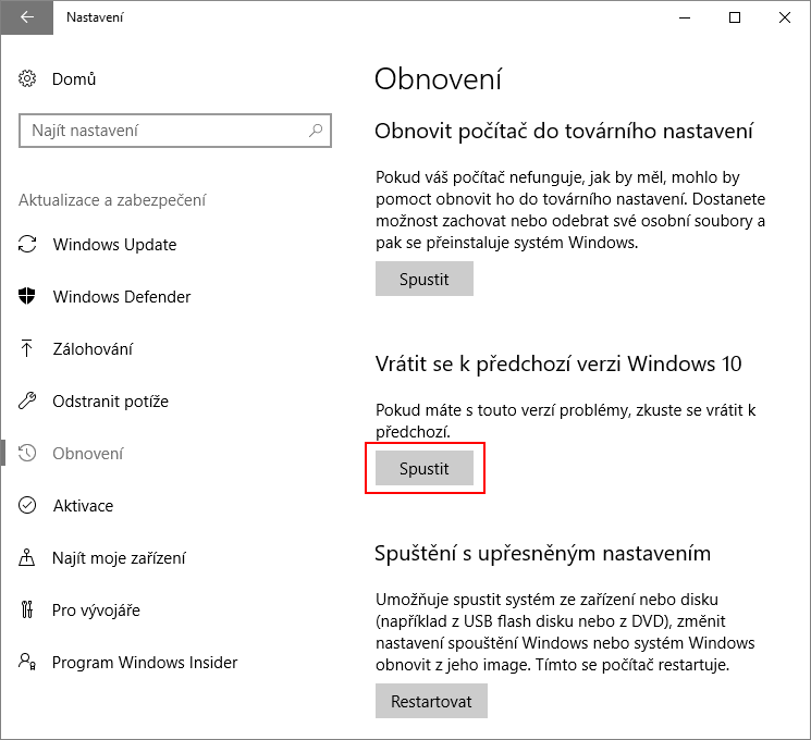 Creators Update - jak se vrátit k předchozí verzi Windows 10