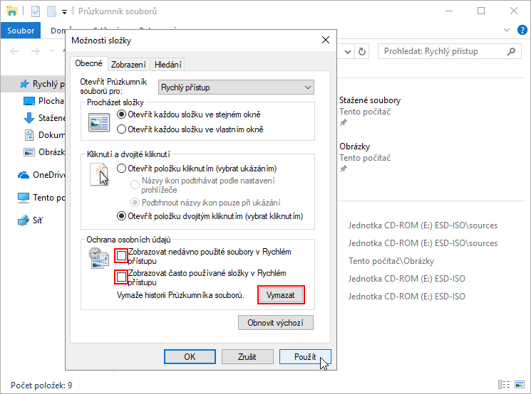 Jak vymazat časté složky a poslední soubory v Průzkumníku souborů