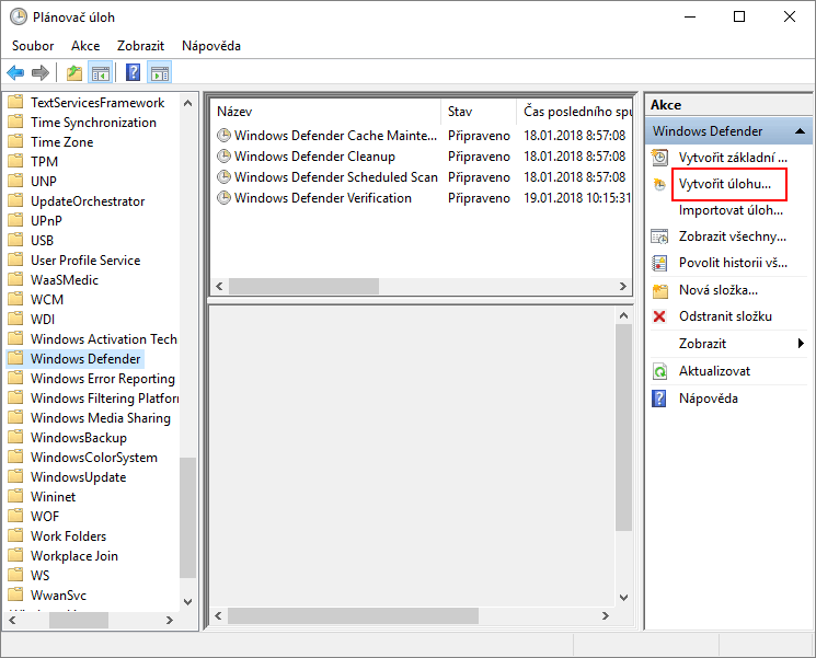 Naplánování antivirové kontroly počítače programu Windows Defender